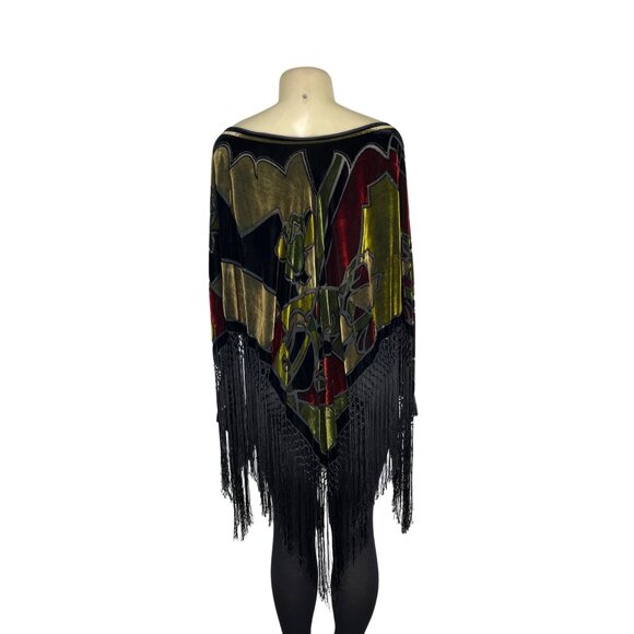 Velvet Poncho With Fringe Hem & Bold Abstract Multicolor Design One Size - Picture 3 of 5